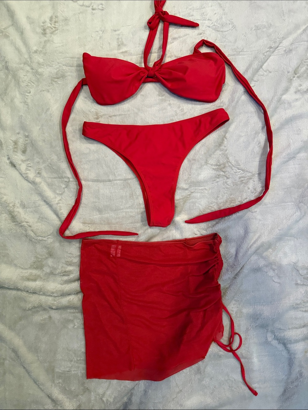 SHEIN Red Halter Bikini Set with Mesh Sarong